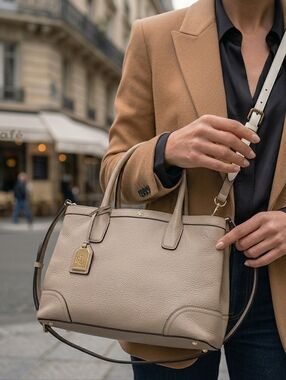 LAUREN RALPH LAUREN Fairfield City Tote Beige Leather Bag Satchel